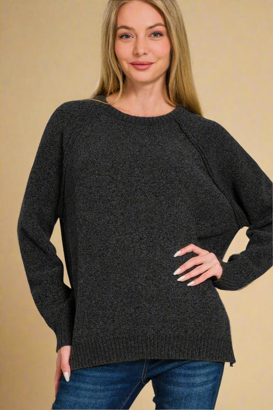 Zenana - Black Raglan Sleeve Tunic Sweater