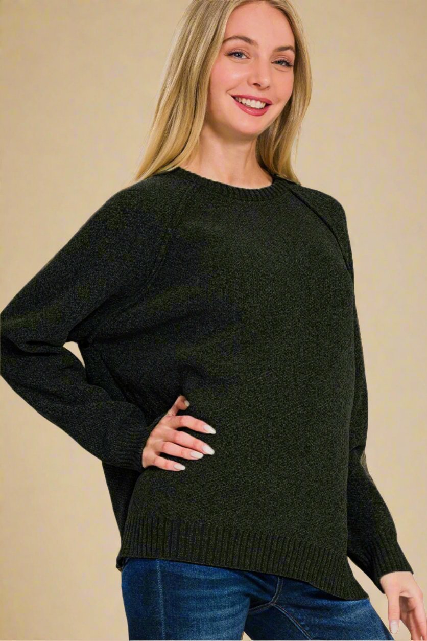 Zenana - Black Raglan Sleeve Tunic Sweater