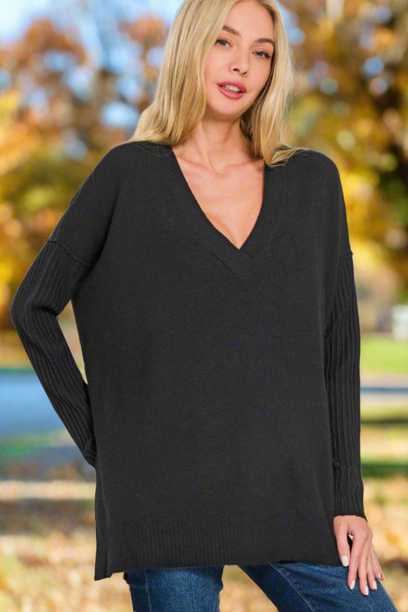 Zenana - Black V - Neck High - Low Hem Tunic Sweater