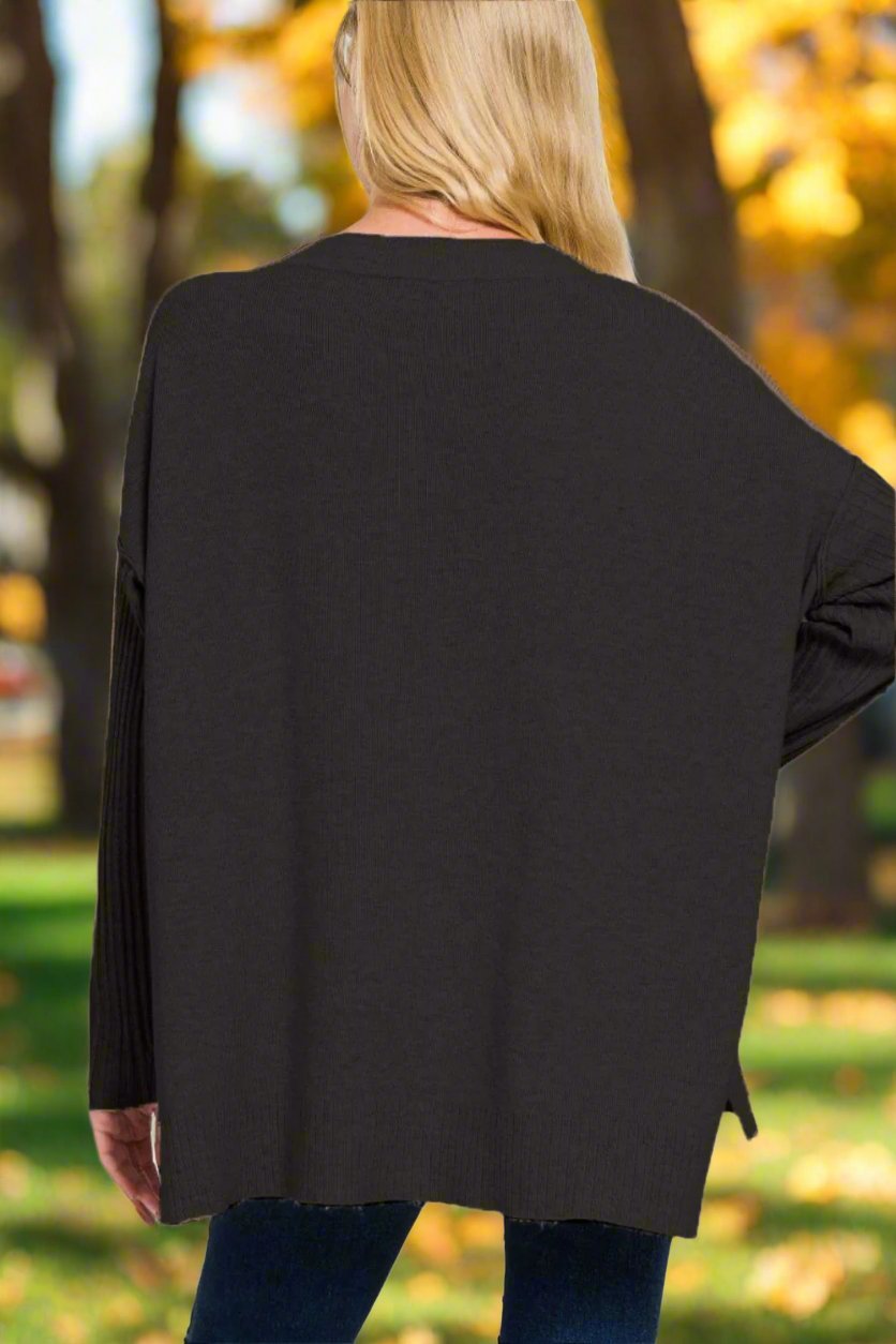 Zenana - Black V - Neck High - Low Hem Tunic Sweater