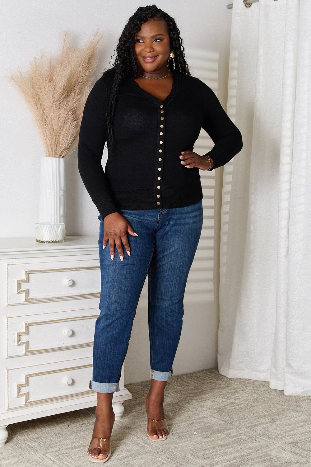 Zenana - Black V - Neck Long Sleeve Cardigan