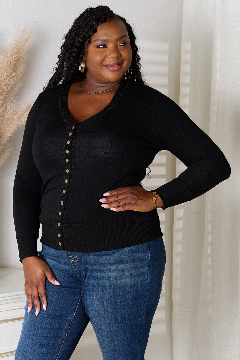 Zenana - Black V - Neck Long Sleeve Cardigan