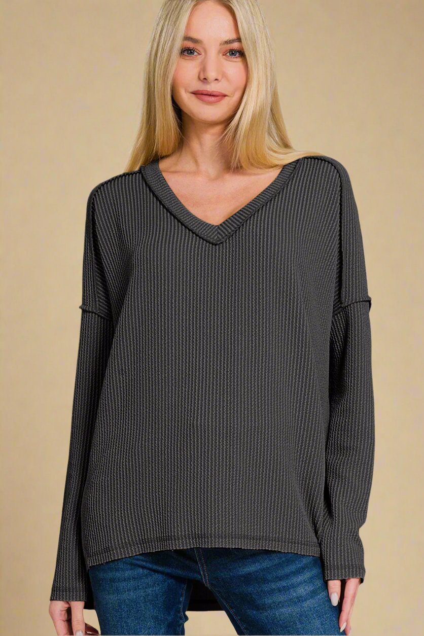 Zenana - Black V - Neck Long Sleeve T-Shirt