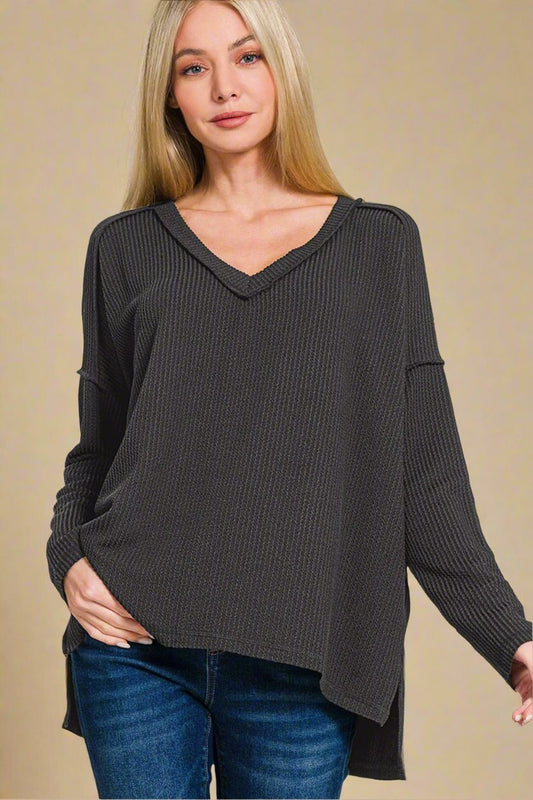 Zenana - Black V - Neck Long Sleeve T-Shirt