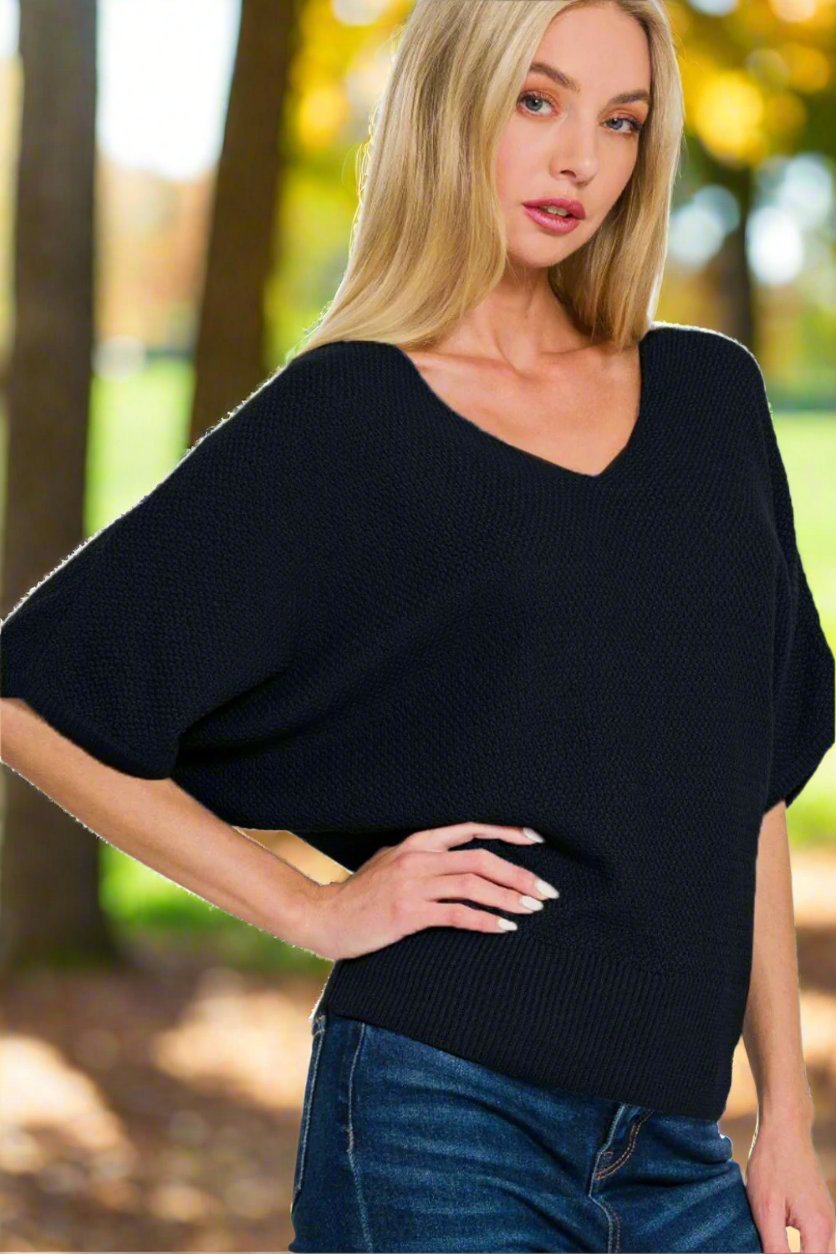 Zenana - Black V - Neck Short Sleeve Dolman Sweater