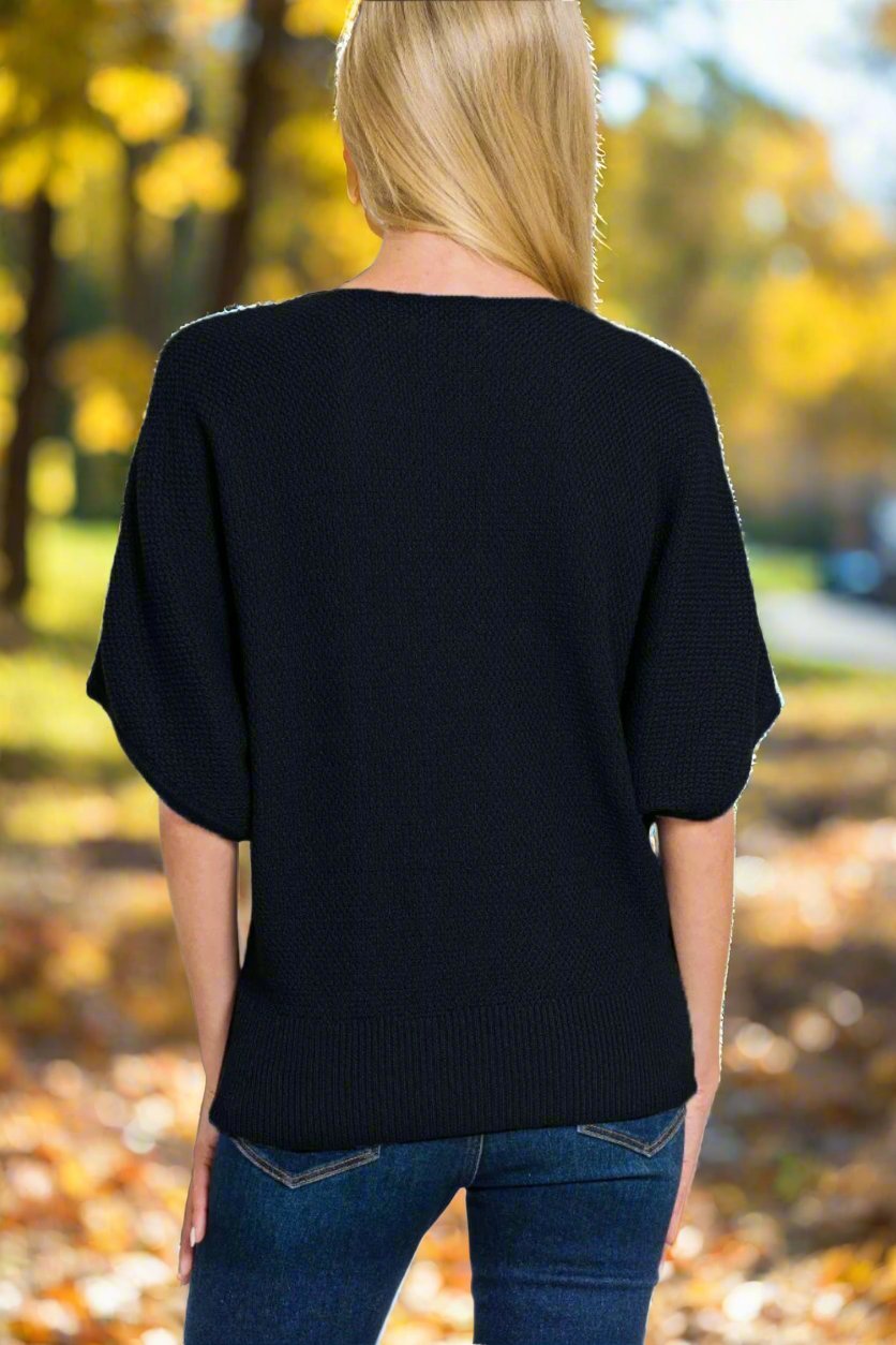 Zenana - Black V - Neck Short Sleeve Dolman Sweater