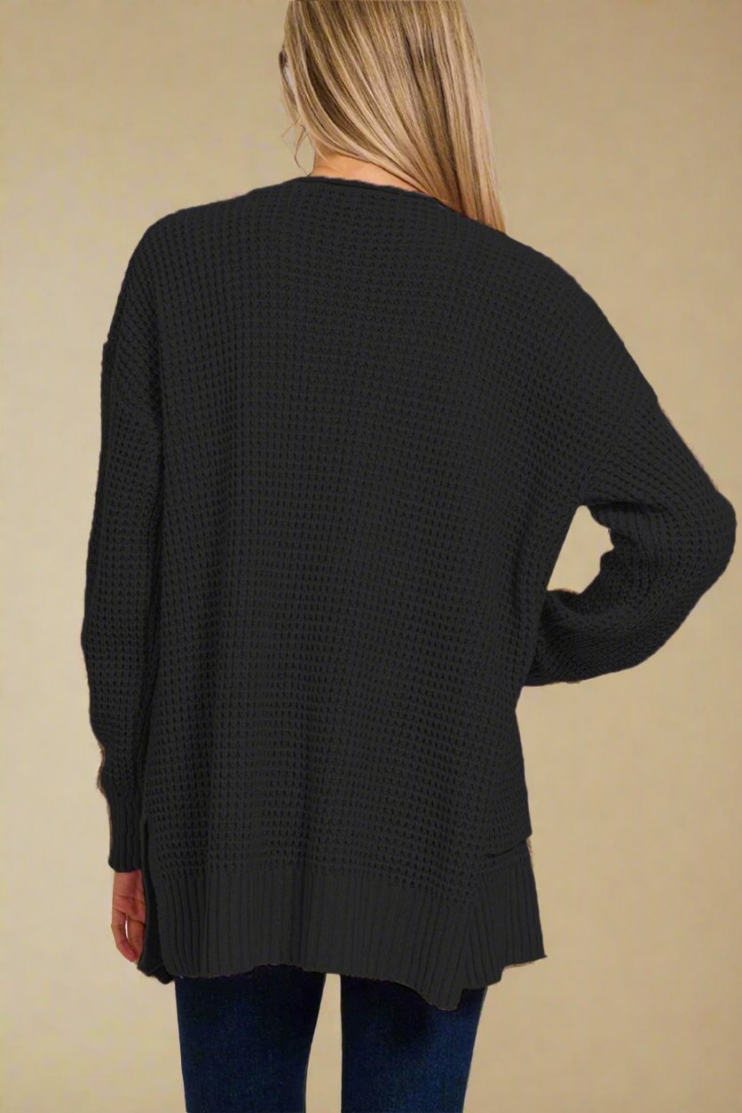 Zenana - Black Waffle Knit Open Front Cardigan