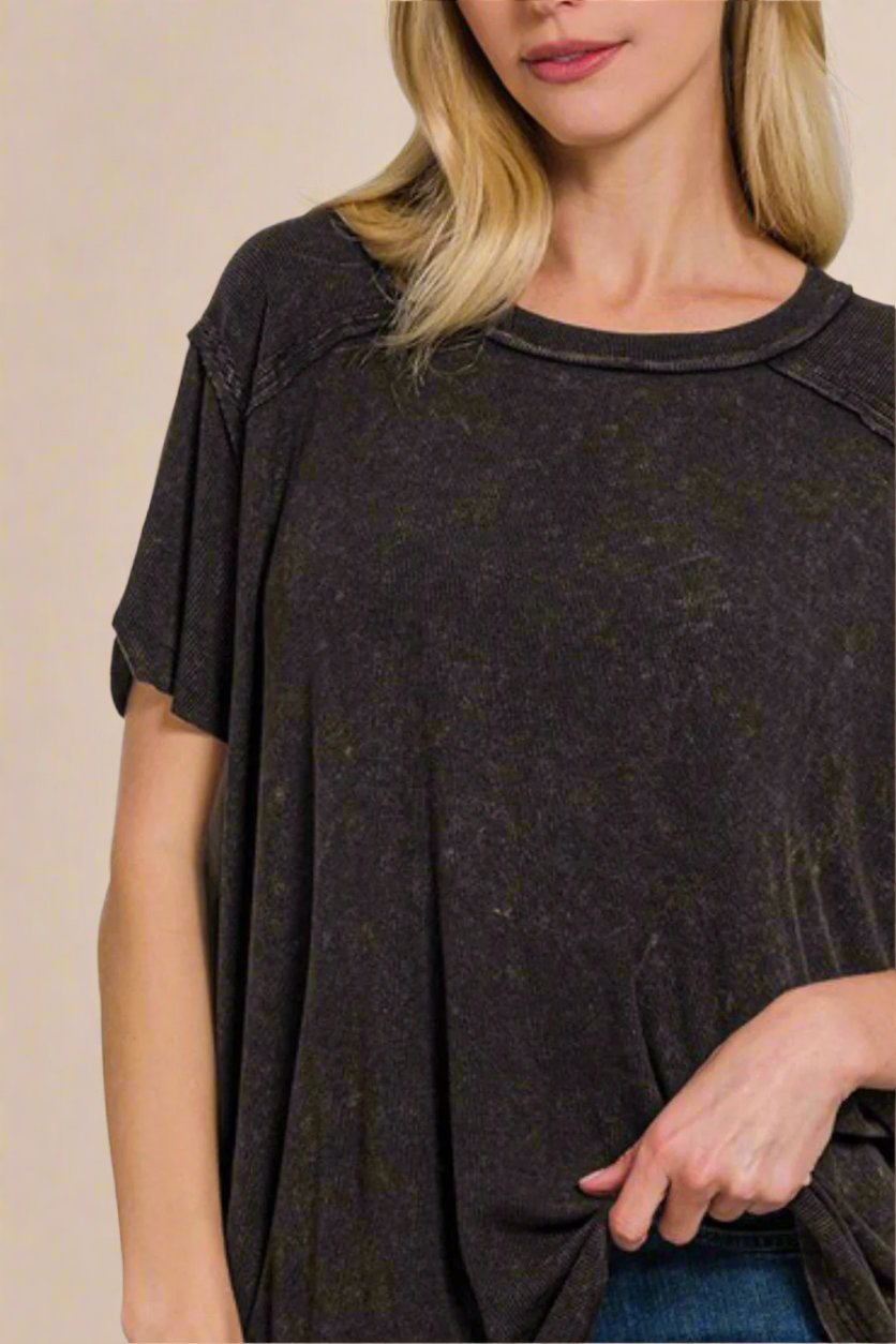 Zenana - Black Washed Rib Knit Short Sleeve Top