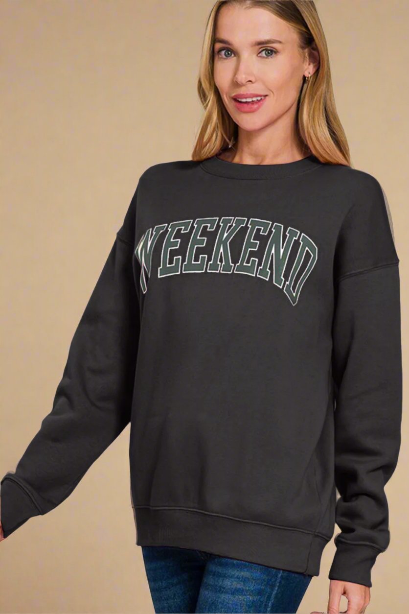 Zenana - Black WEEKEND Graphic Sweatshirt