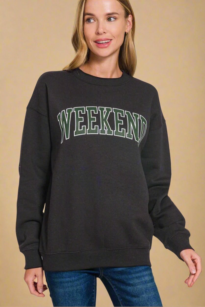 Zenana - Black WEEKEND Graphic Sweatshirt