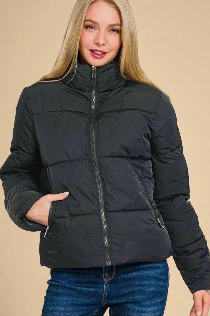 Zenana - Black Zip Up Puffer Jacket with Pockets