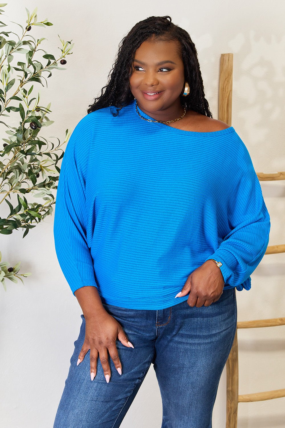 Zenana - Blue Batwing Sleeve Blouse