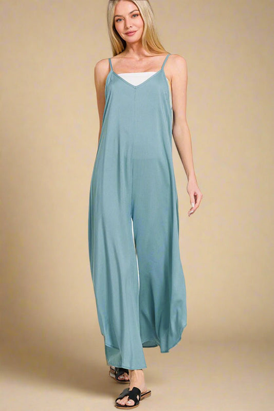 Zenana - Blue Gray Sleeveless Wide Leg Jumpsuit with Pockets