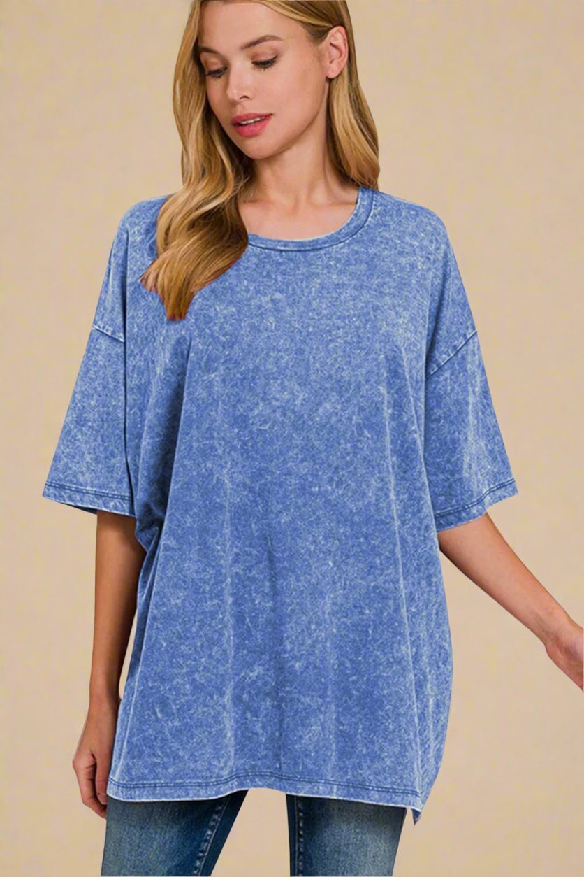 Zenana - Blue Oversized Washed Cotton T-Shirt