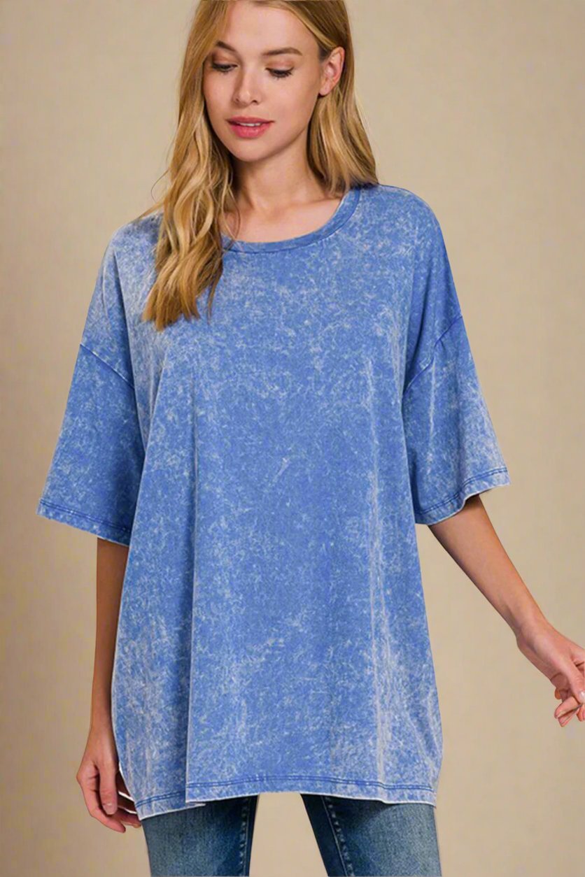 Zenana - Blue Oversized Washed Cotton T-Shirt