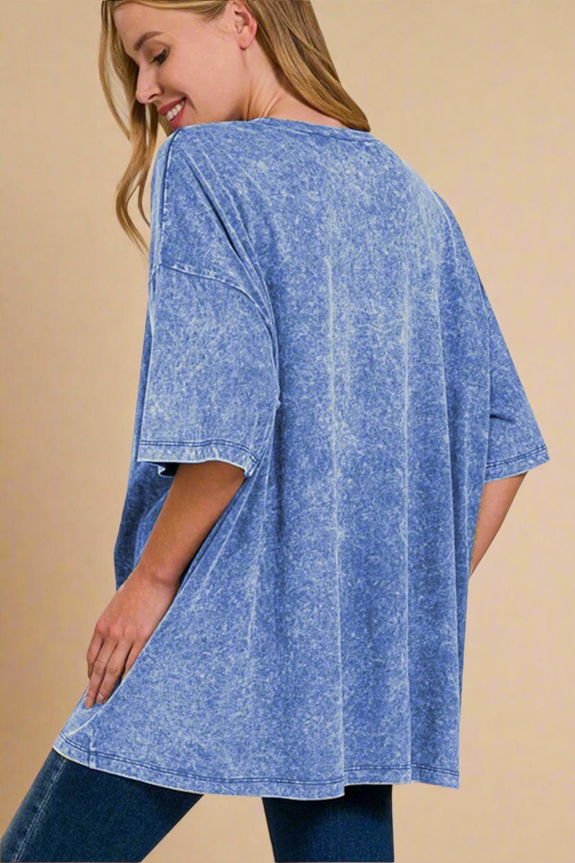 Zenana - Blue Oversized Washed Cotton T-Shirt