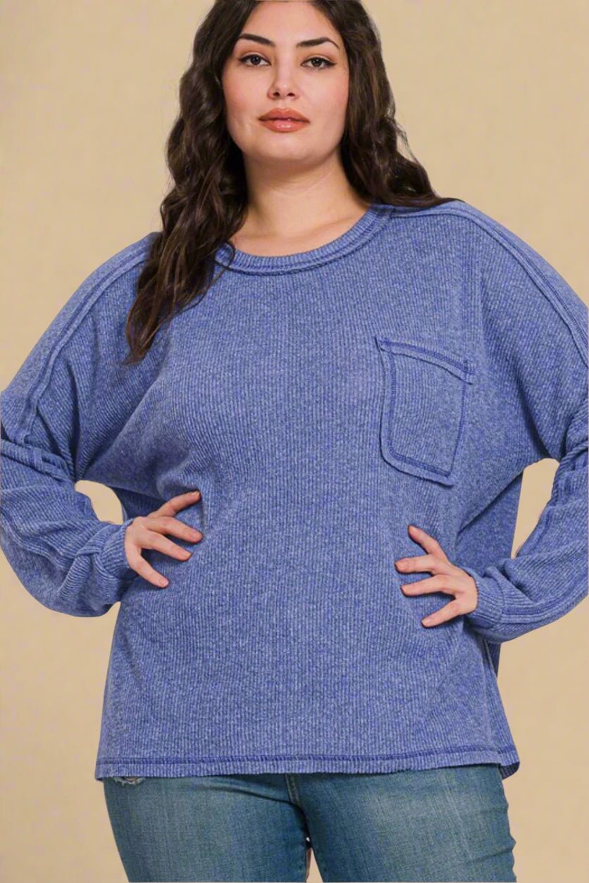 Zenana - Blue - Purple Contrast Stitching Hacci Knit Top