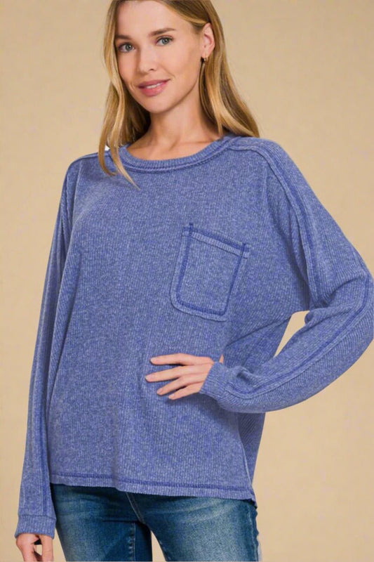 Zenana - Blue - Purple Contrast Stitching Hacci Knit Top