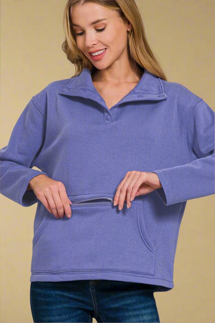 Zenana - Blue Purple Half Snap Fleece Sweatshirt