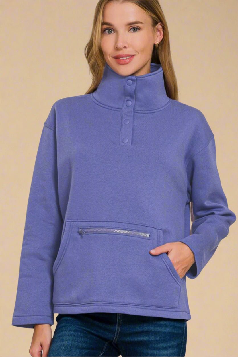 Zenana - Blue Purple Half Snap Fleece Sweatshirt