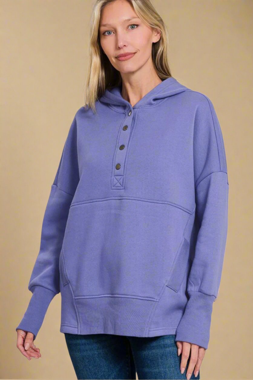 Zenana - Blue Purple Half Snap Long Sleeve Hoodie