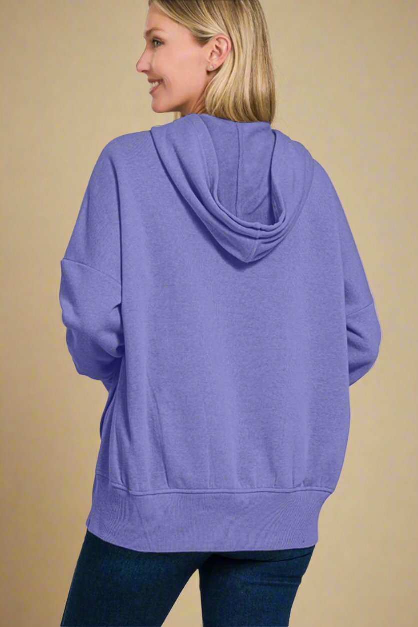 Zenana - Blue Purple Half Snap Long Sleeve Hoodie