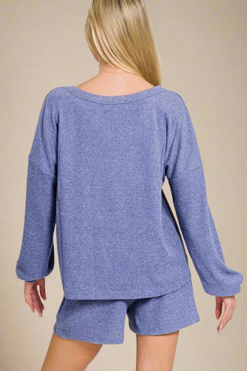 Zenana - Blue Purple Long Sleeve Top and Shorts Set