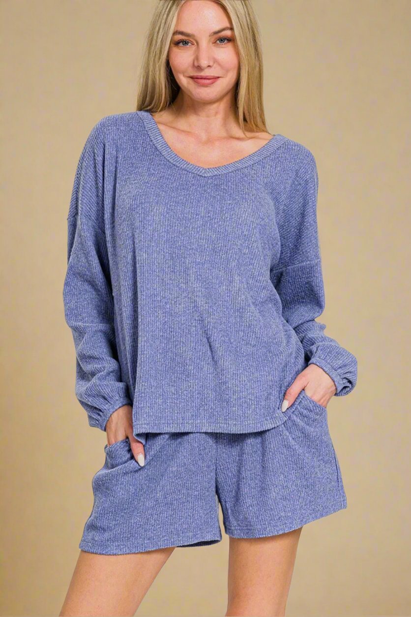 Zenana - Blue Purple Long Sleeve Top and Shorts Set