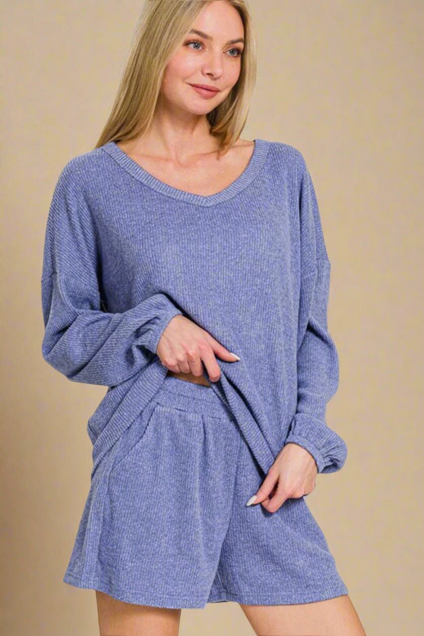 Zenana - Blue Purple Long Sleeve Top and Shorts Set