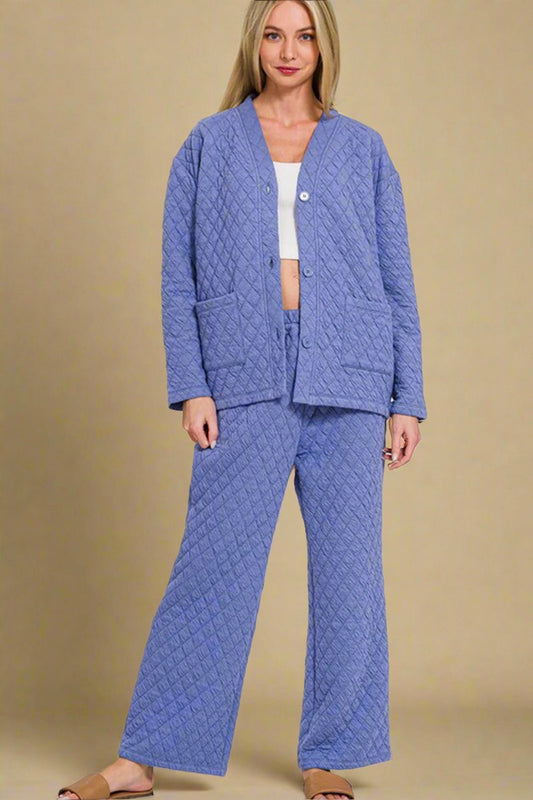 Zenana - Blue - Purple Quilted Long Sleeve Top & Pants Lounge Set