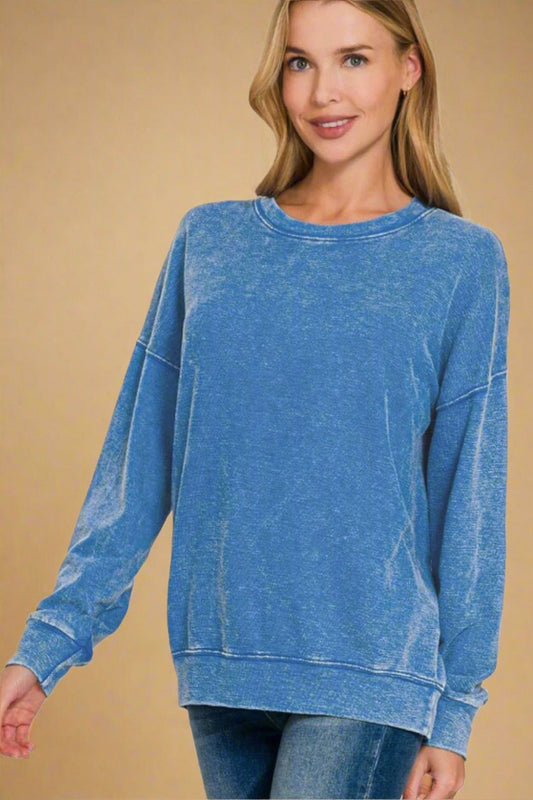 Zenana - Blue Vintage Wash Relaxed Fit Sweatshirt