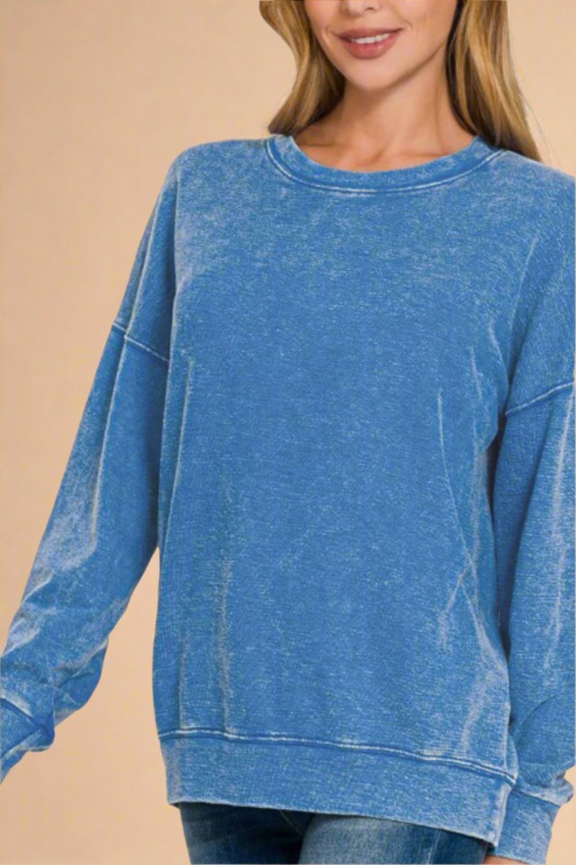 Zenana - Blue Vintage Wash Relaxed Fit Sweatshirt