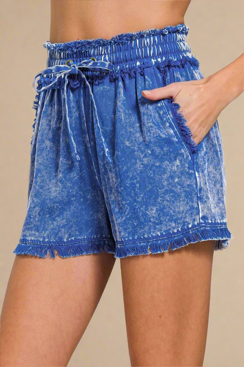 Zenana - Blue Washed Frayed Hem Drawstring Shorts
