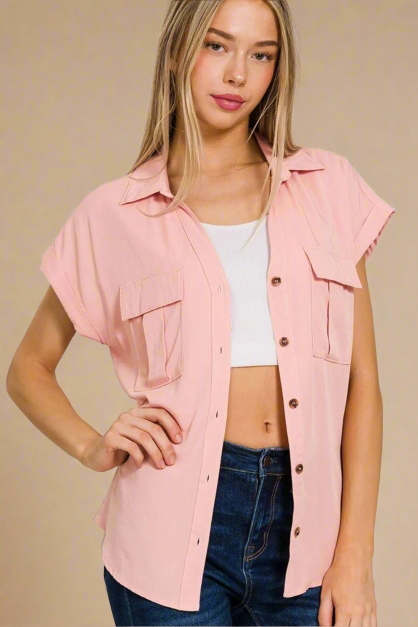 Zenana - Blush Pink Button Front Pocket Shirt