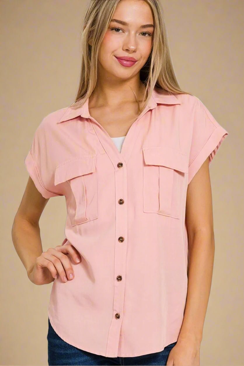 Zenana - Blush Pink Button Front Pocket Shirt