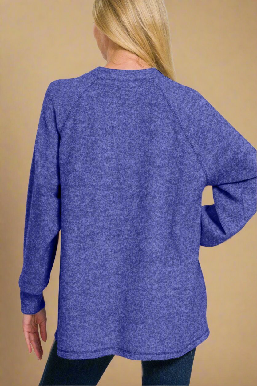 Zenana - Bright Blue Brushed Hacci Knit High - Low Hem Sweater
