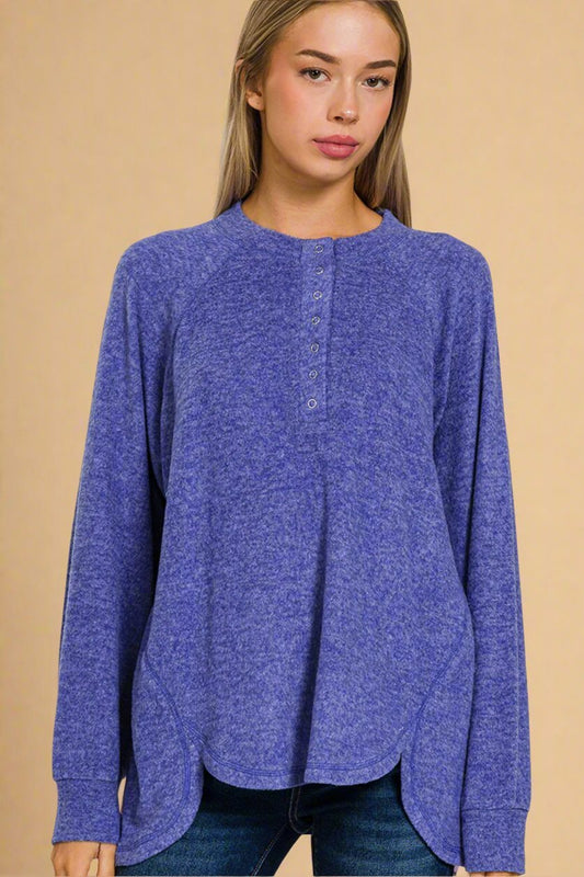 Zenana - Bright Blue Brushed Hacci Knit High - Low Hem Sweater