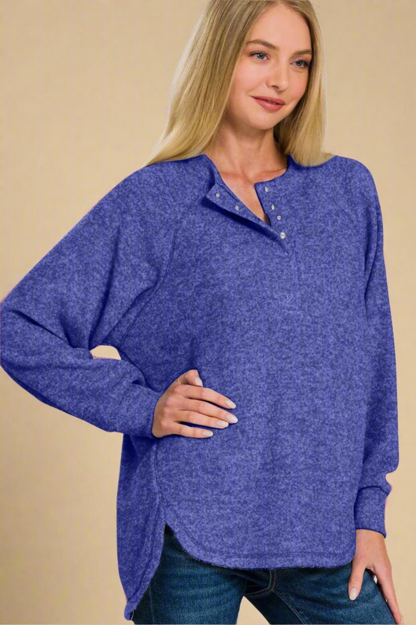 Zenana - Bright Blue Brushed Hacci Knit High - Low Hem Sweater