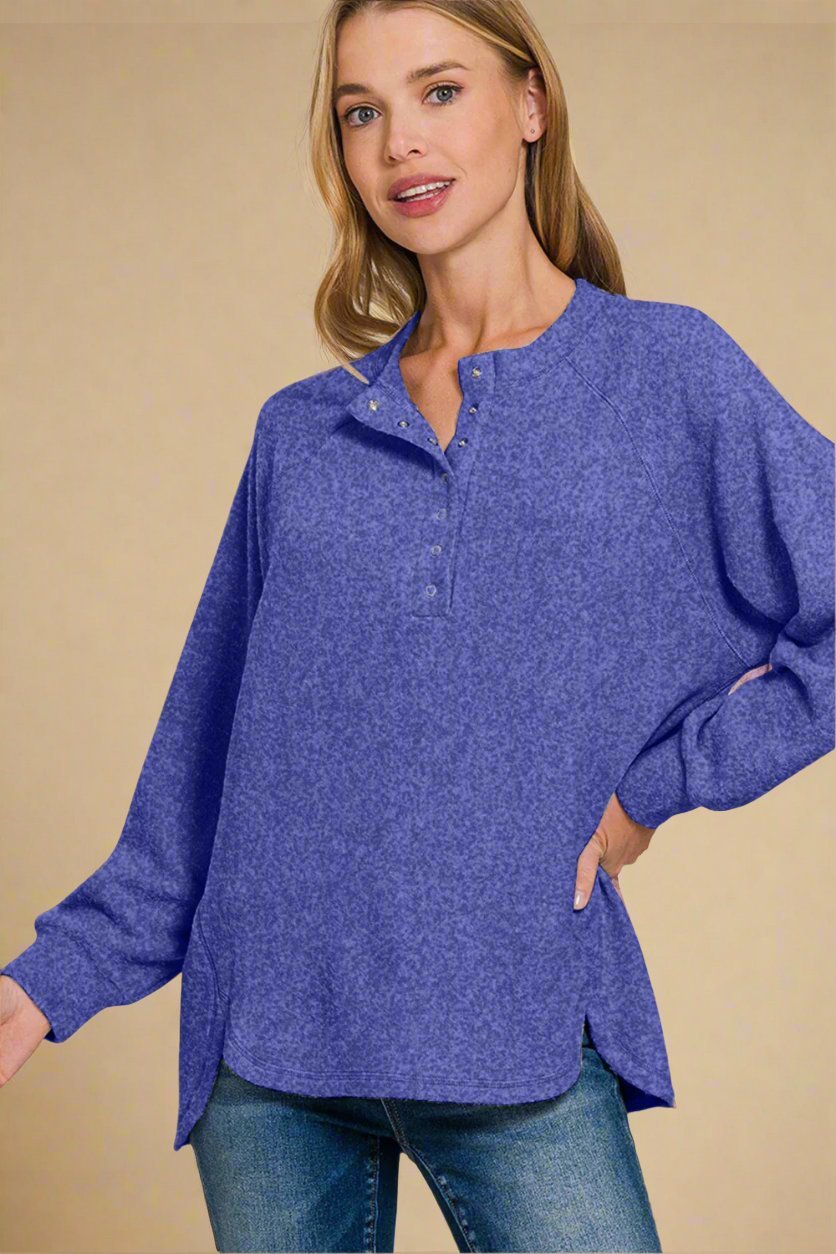Zenana - Bright Blue Brushed Hacci Knit High - Low Hem Sweater