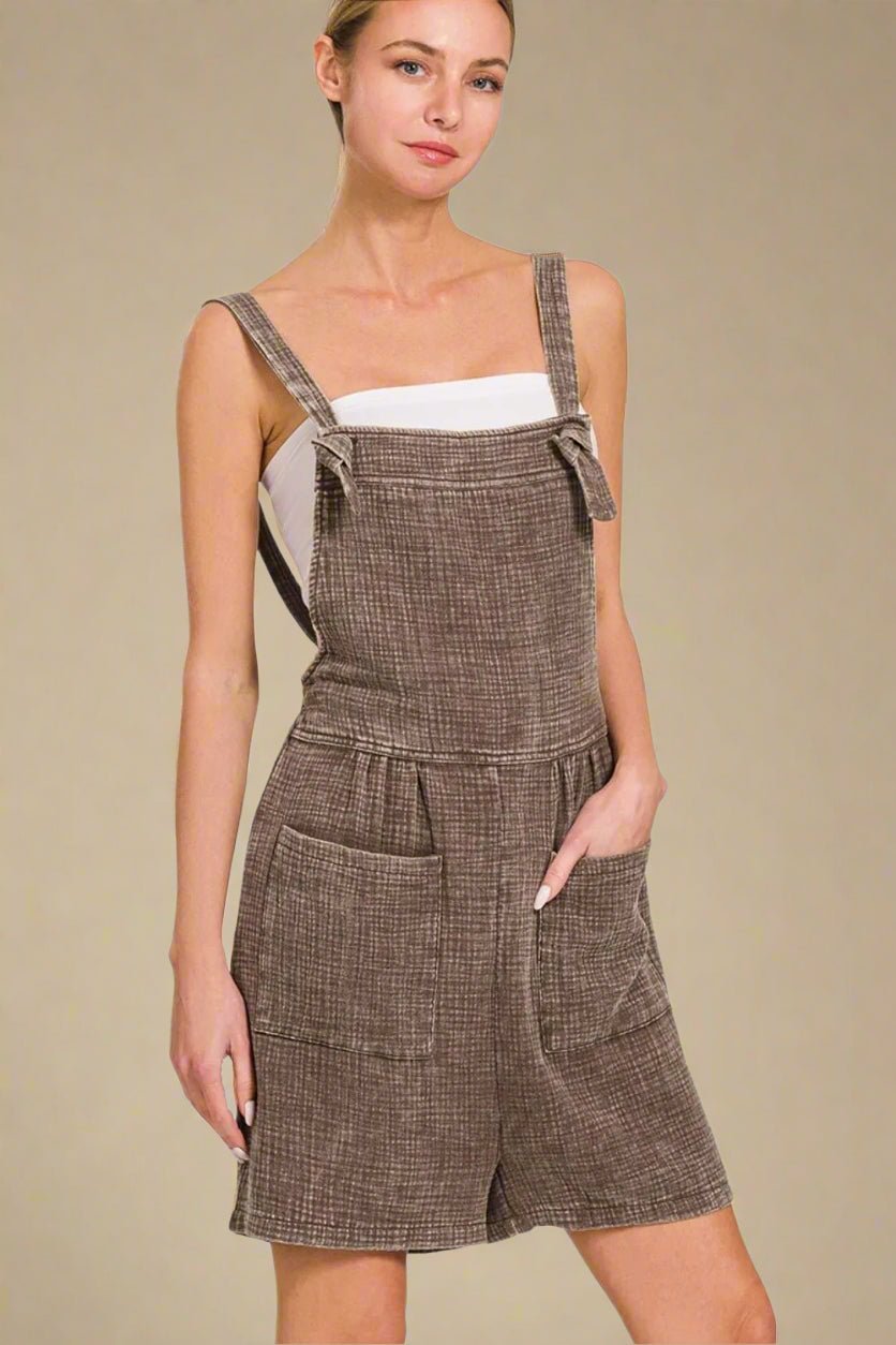 Zenana - Brown Textured Tie - Strap Overall Romper with Front Pockets