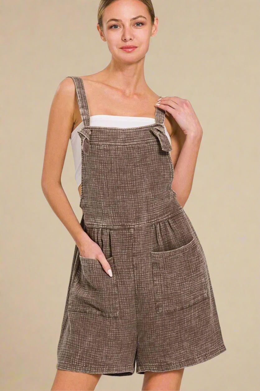 Zenana - Brown Textured Tie - Strap Overall Romper with Front Pockets