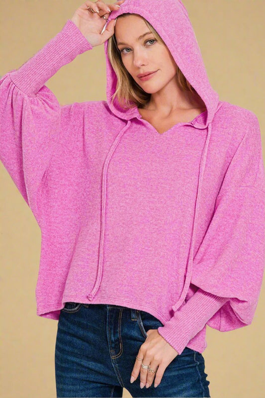 Zenana - Brushed Hacci Drop Shoulder Cropped Hoodie in Bright Mauve