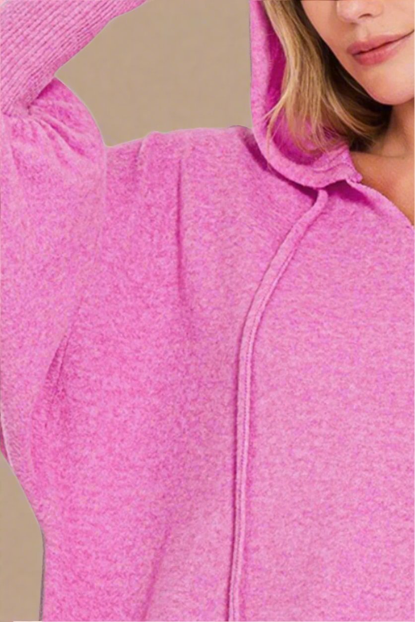 Zenana - Brushed Hacci Drop Shoulder Cropped Hoodie in Bright Mauve