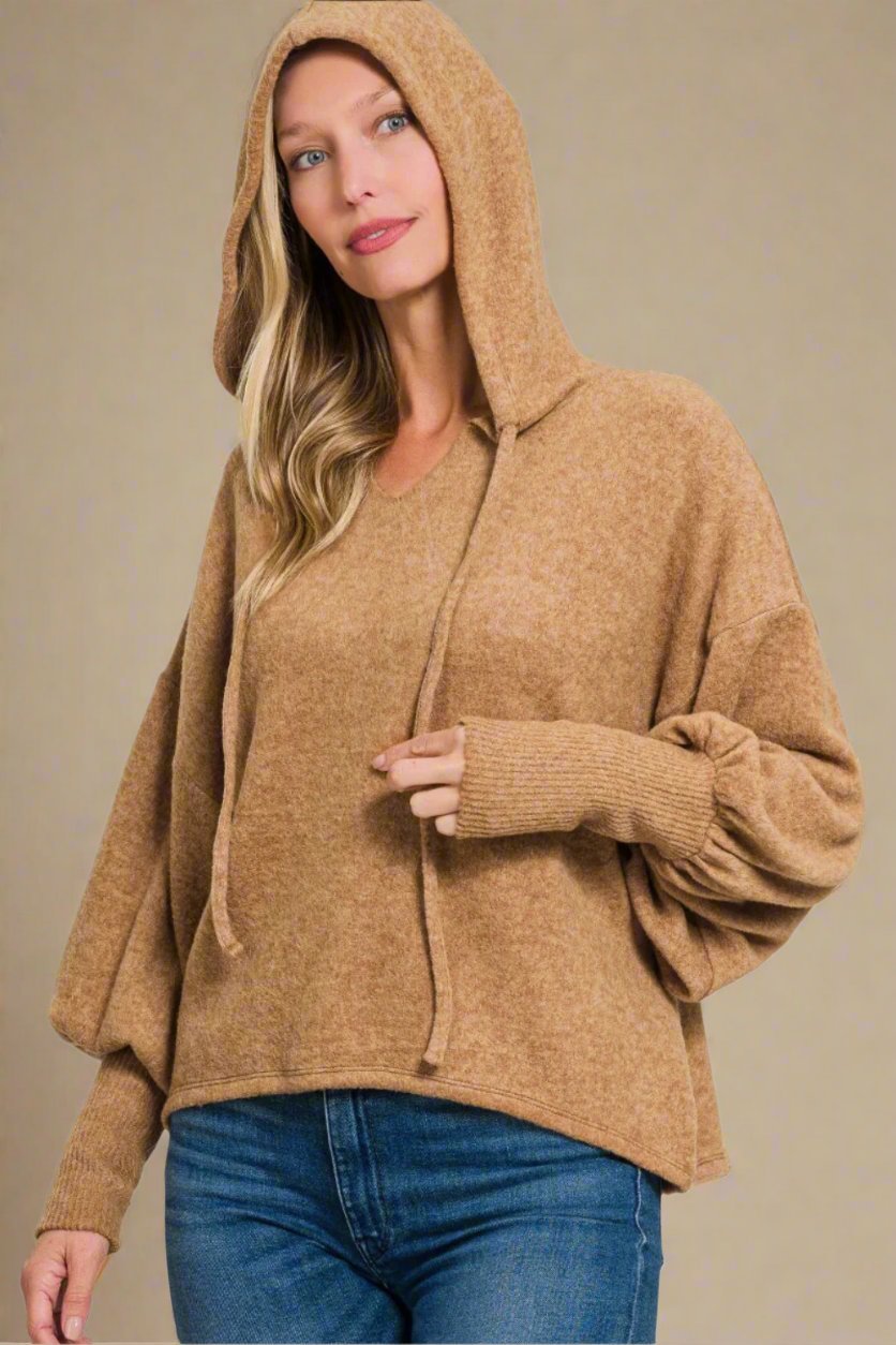 Zenana - Brushed Hacci Drop Shoulder Cropped Hoodie in Deep Camel