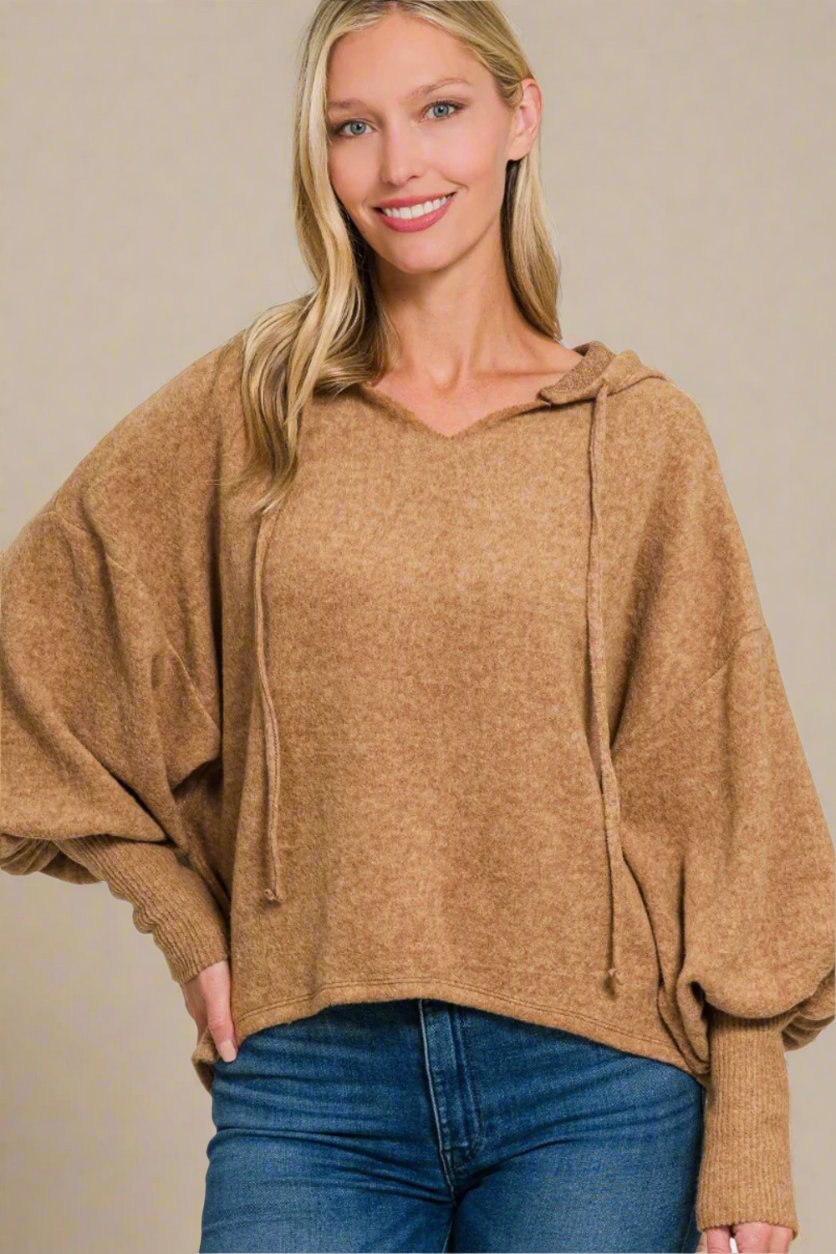 Zenana - Brushed Hacci Drop Shoulder Cropped Hoodie in Deep Camel