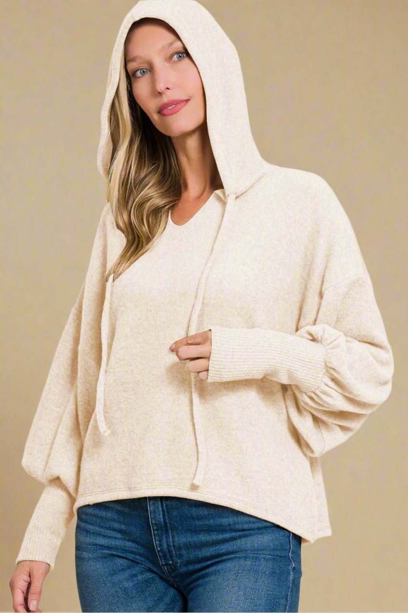 Zenana - Brushed Hacci Drop Shoulder Cropped Hoodie in Sand Beige