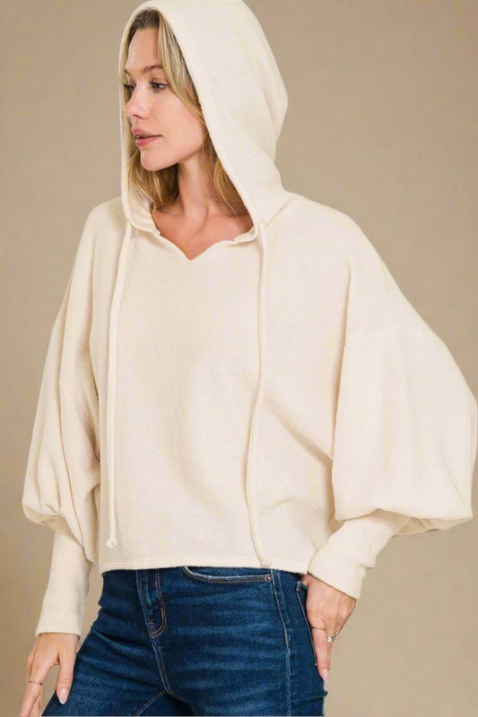 Zenana - Brushed Hacci Drop Shoulder Cropped Hoodie in Sand Beige