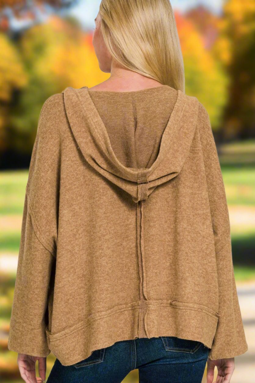 Zenana - Brushed Hacci Exposed Seams Hoodie in Deep Camel