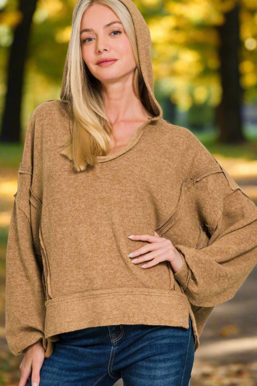 Zenana - Brushed Hacci Exposed Seams Hoodie in Deep Camel