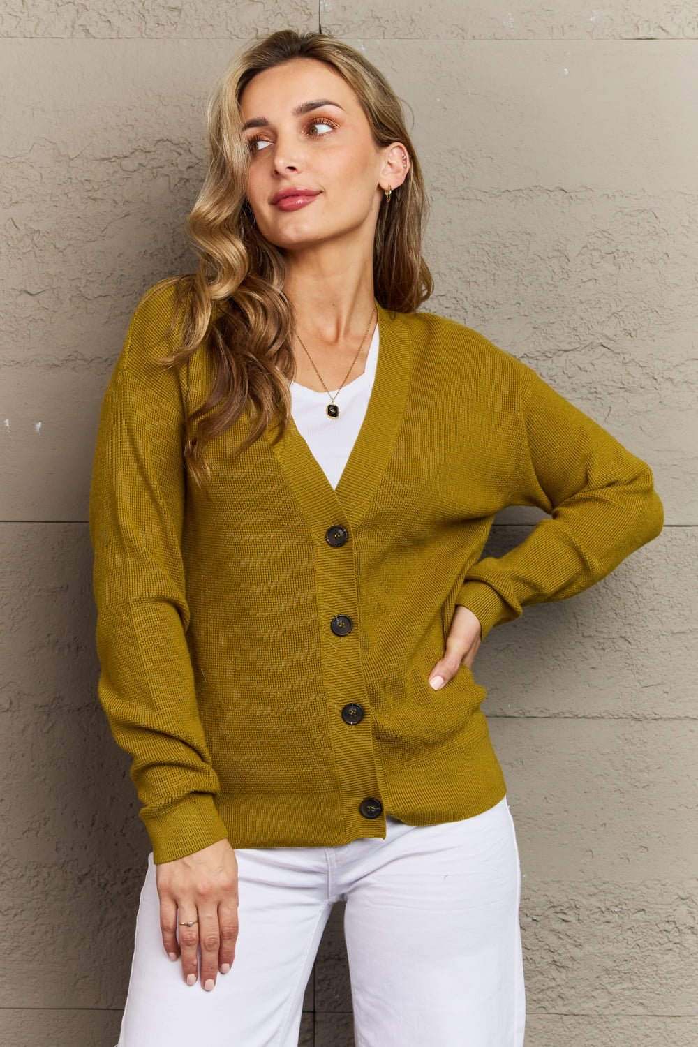 Zenana - Button Down Cardigan in Yellow Green